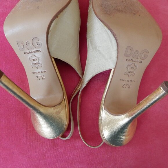 D&G Dolce & Gabbana Italy Cream Gold Silk Heels 37.5 US 7.5 - Picture 15 of 15